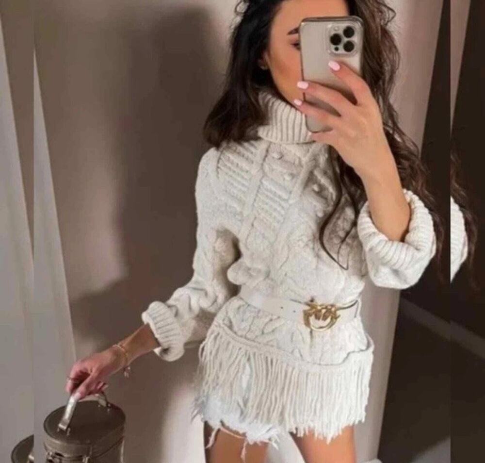 Zara Fisherman Sweater Cream Chunky Knit Fringed Hem Small